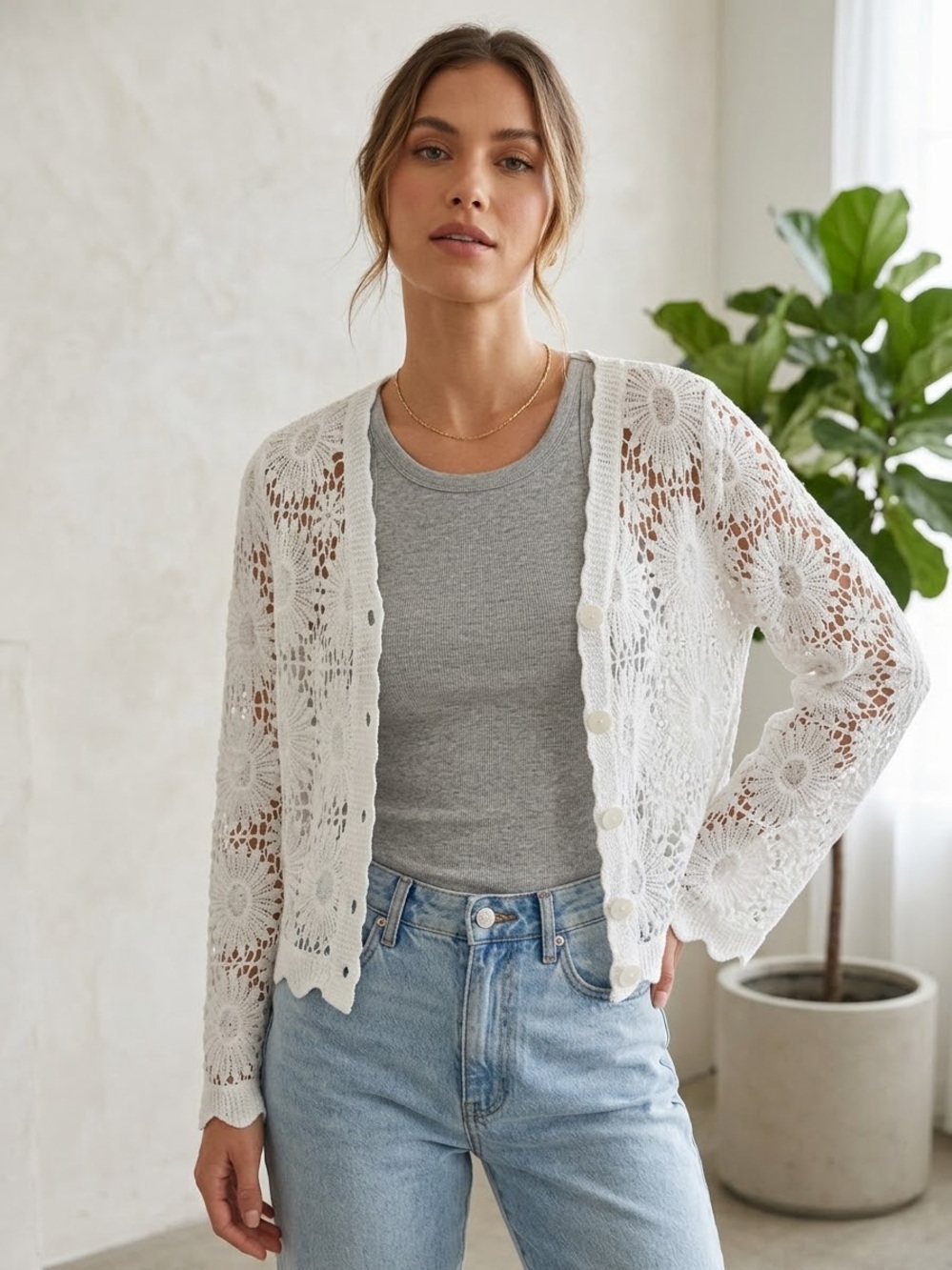 100% Cotton White Crochet Button-Front Women's Cardigan Sweater
